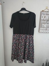 Shein Black Multicoloured Floral Flared Knee-Length Dress XL Size 16-18