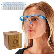 Salon World Safety Blue Face Shields with Glasses Frames (80 Pack) - Anti-Fog