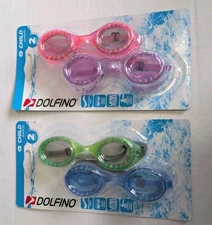 DOLFINO Lot Of 2 Child Swim Goggles Green/Blue & Pink/Purple Pool