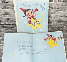 Set of 2 Vintage NORCROSS “SUSIE Q Riding a Star” Happy New Year Cards – RARE