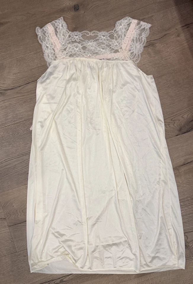Camisón Vintage Val Mode Marfil Nylon Encaje Yugo Rosa Cinta Borde Talla M EE. UU. Foto 3 de 3