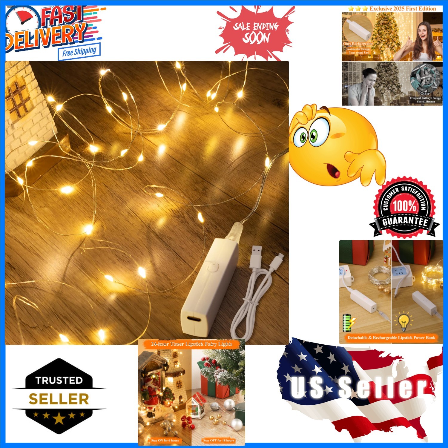Rechargeable Lipstick Fairy Lights with Battery – 1 Pack Twinkle Lights-image
