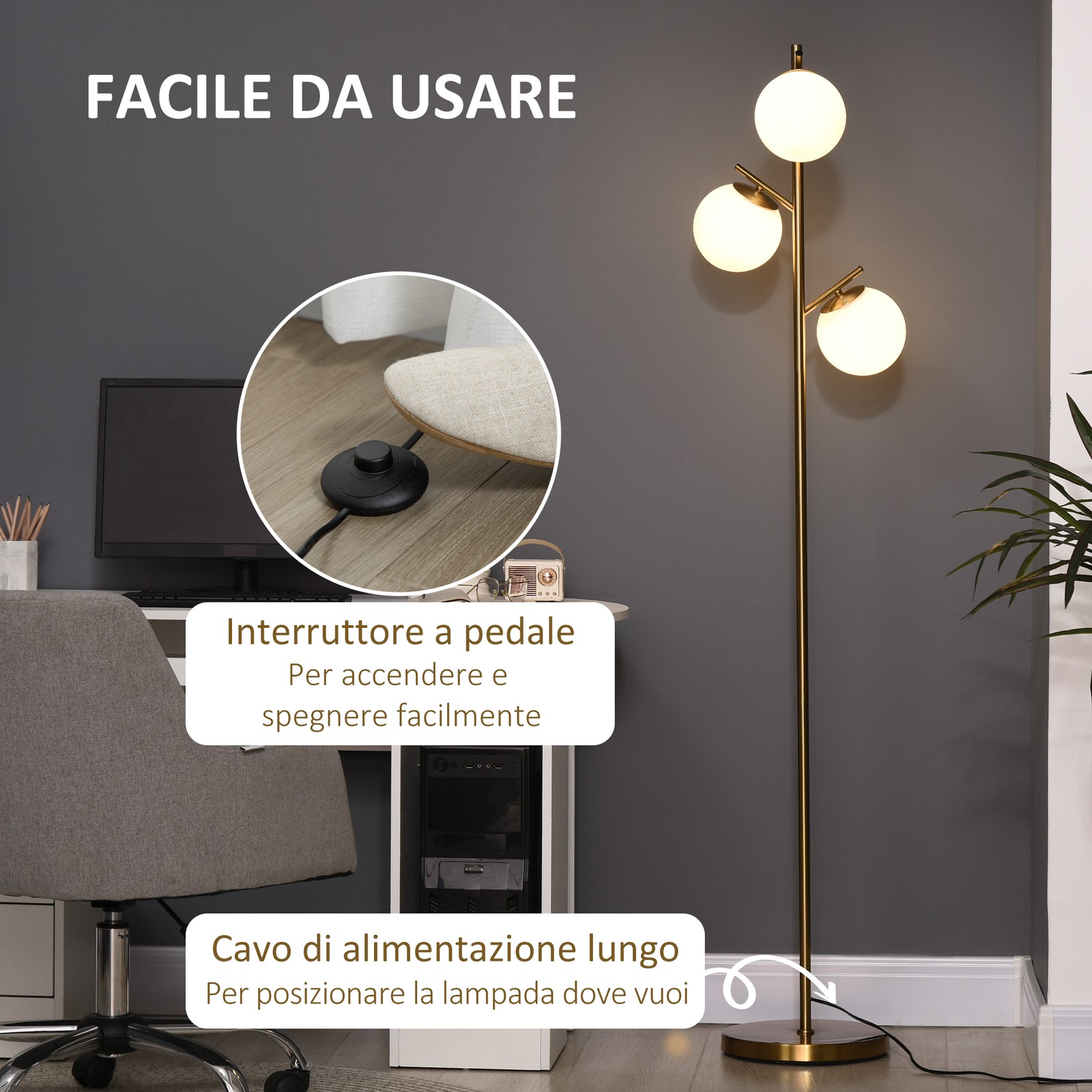 Lampada da Terra HOMCOM con 3 Punti Luce in Oro foto 6