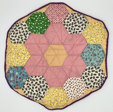 VTG HandStitched PATCHWORK PILLOW Hexagonal Quilted Cushion  Granny/Cottage Decor