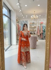 Stunning Faux Georgette Orange Top Palazzo With Dupatta For Reception Wear