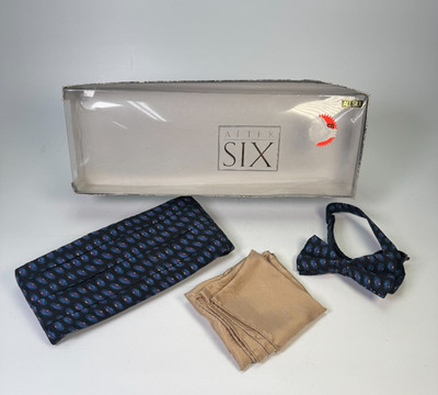 Vintage After Six All Silk Set Cummerbund Bow Tie Hanky Navy Blue Geometric