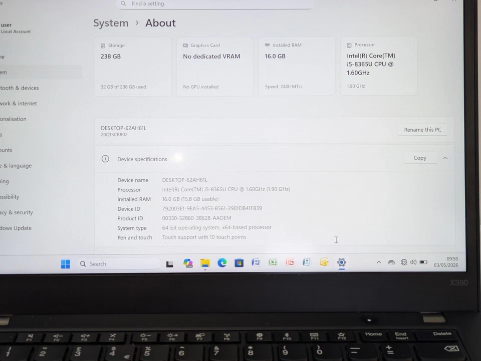 Lenovo ThinkPad X390 · i5-8365U · 16GB · 238GB, photo 2 of 5