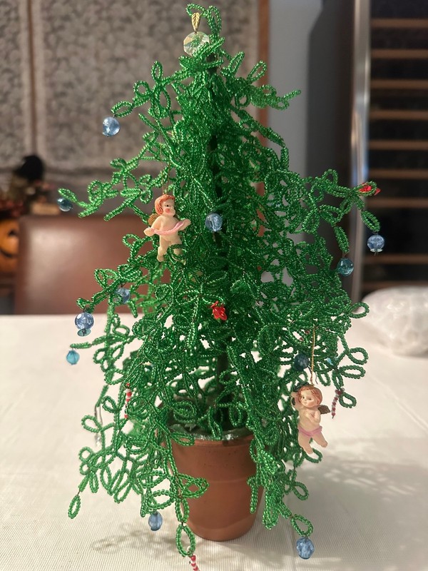 Vintage Handmade Beaded Wire Christmas Tree with Cherub/Angel and Prism Ornament