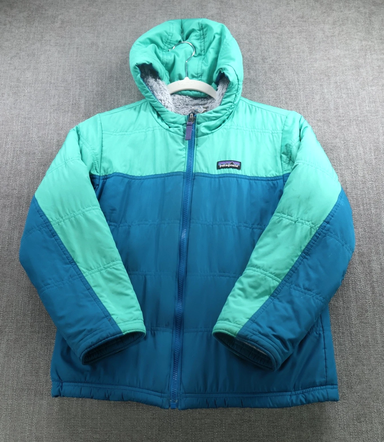 Patagonia Jacket Kid 10-12 Blue Reversible Sherpa Fleece Full Zip Hooded Coat