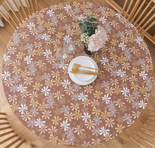 Round Vinyl Fitted Tablecloth with Flannel Backing Elastic Table Cloth Waterproo
