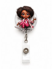 Retractable Nurse Badge Reel ID Holder Clip, Cute Pink Cartoon Nurse, RN CNA