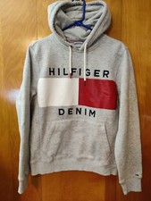Tommy Hilfiger Denim Spell Out Flag Logo Gray Red Hoodie Sweatshirt Womens Small