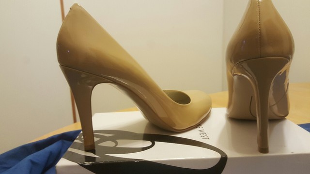 taupe patent leather pumps