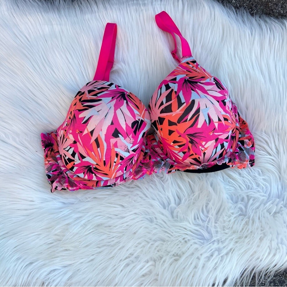 No Boundaries Hot Pink and Black Tropical Floral Print Lace Bra | eBay