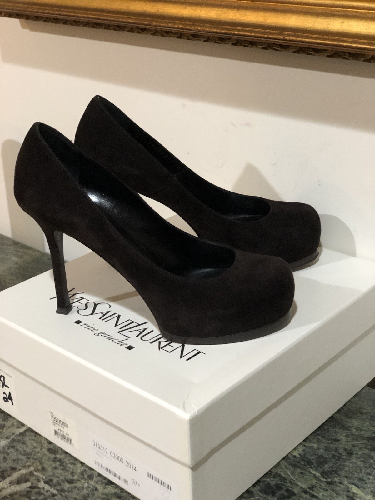 Scarpe decolte Saint Laurent Tribute 2 marrone cioccolato scamosciato plateau 80 mm taglia 37 5