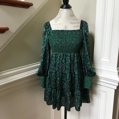 Alice + Olivia Rowen Mini Dress Womens Small Black Green Puff Sleeve  Smocked | eBay