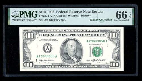 DBR 1993 $100 FRN Boston Gem Fr. 2174-A PMG 66 EPQ Serial A29803058A