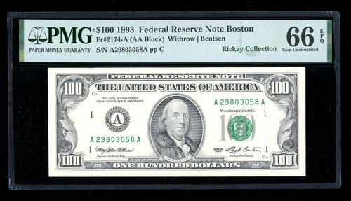 DBR 1993 $100 FRN Boston Gem Fr. 2174-A PMG 66 EPQ Serial A29803058A - Picture 1 of 2