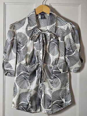 Vixen Blouse Junior s Size M Ivory Black Op-art Button-up S/S Office Siren City