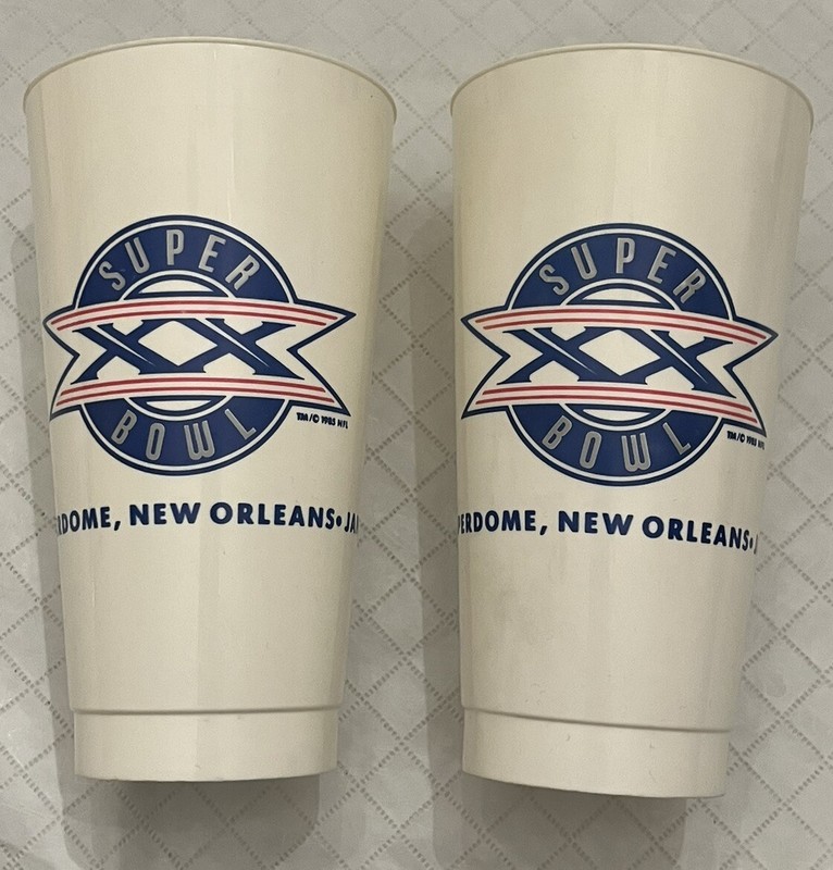 Lot of 2 Vintage Plastic Super Bowl XX Cups, January 26, 1986, New Orleans