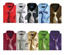 Men's French Cuff Casual Dress Shirt + Matching Tie and Hanky Set #28