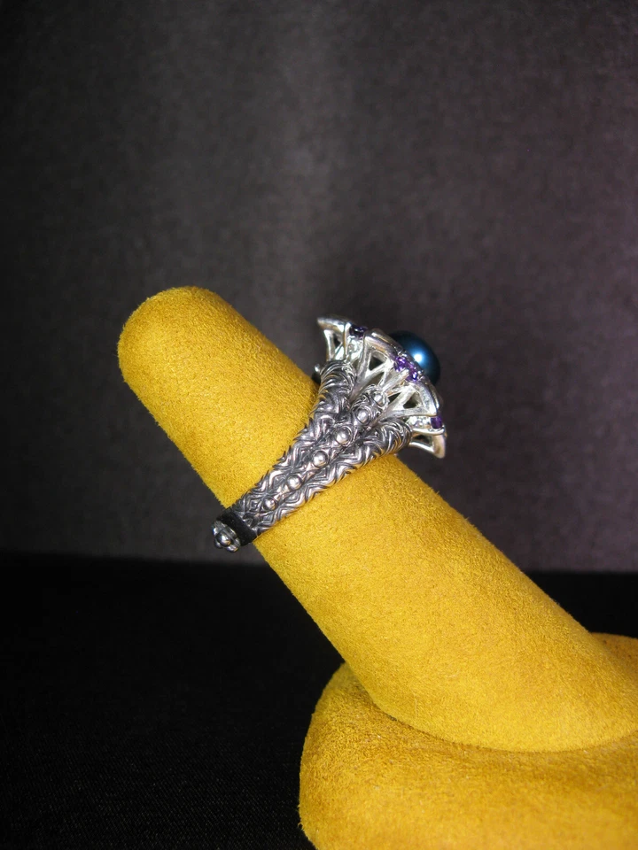 ANILLO FLOR PIEDRAS PRECIOSAS PERLA AMATISTA BARBARA BIXBY TALLA 8 SS 18K Regalo Navidad Foto 2 de 2
