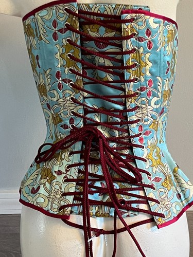 Overbust Corset Progressive Design Silk Brocade 22” Blue Boned - Picture 5 of 18