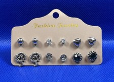Fashion Boho Festival Glamour Assorted Silver Gem Stud Earring Set Of 6