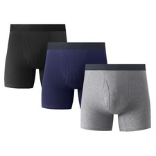 3PK Mens Cotton Boxer Briefs Underwear Tagless Soft Comfort Waistband With Fly