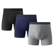 3PK Mens Cotton Boxer Briefs Underwear Tagless Soft Comfort Waistband With Fly