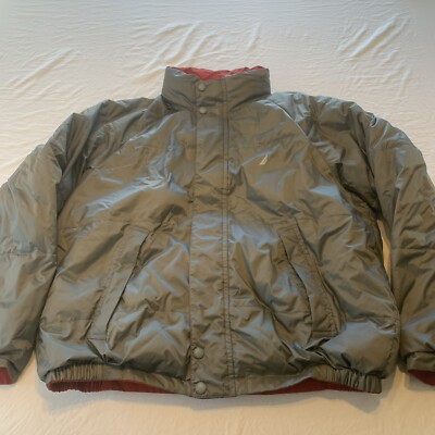 Vtg 90s Y2K Nautica Sz L Down Puffer Reversible Jacket Silver Red