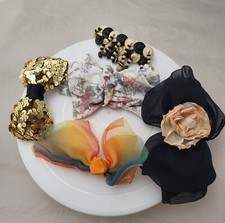 5 Vtg Hair Clip Ribbon Oversized Silk/Fabric Rose Floral sequin wood beads