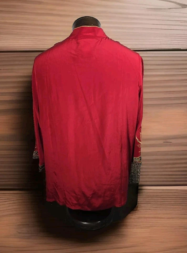 Blusa Bob Mackie Usable Art Mujer 1X Roja Seda Bordada Cerradura Manga 3/4 Foto 4 de 4