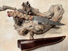 Custom Made 9" Etched Stainless Steel Fillet Knife & leather sheath Wood handle