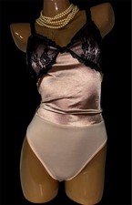 New XL Vtg Stl Glossy Ivory Satin  Black Lace BODYSUIT TEDDY Playsuit Romper