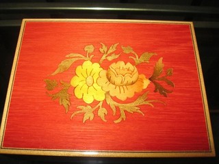 Vintage Italy Floral Inlay Jewelry Music Box Plays Beautifully 5.75" x 4.25 x 2"