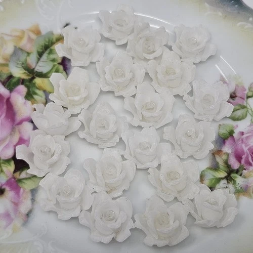 20 pcs White Plastic Rose Flower 3D Cabochons Jewelry Crafts Vintage Mid-Century - product listing photo