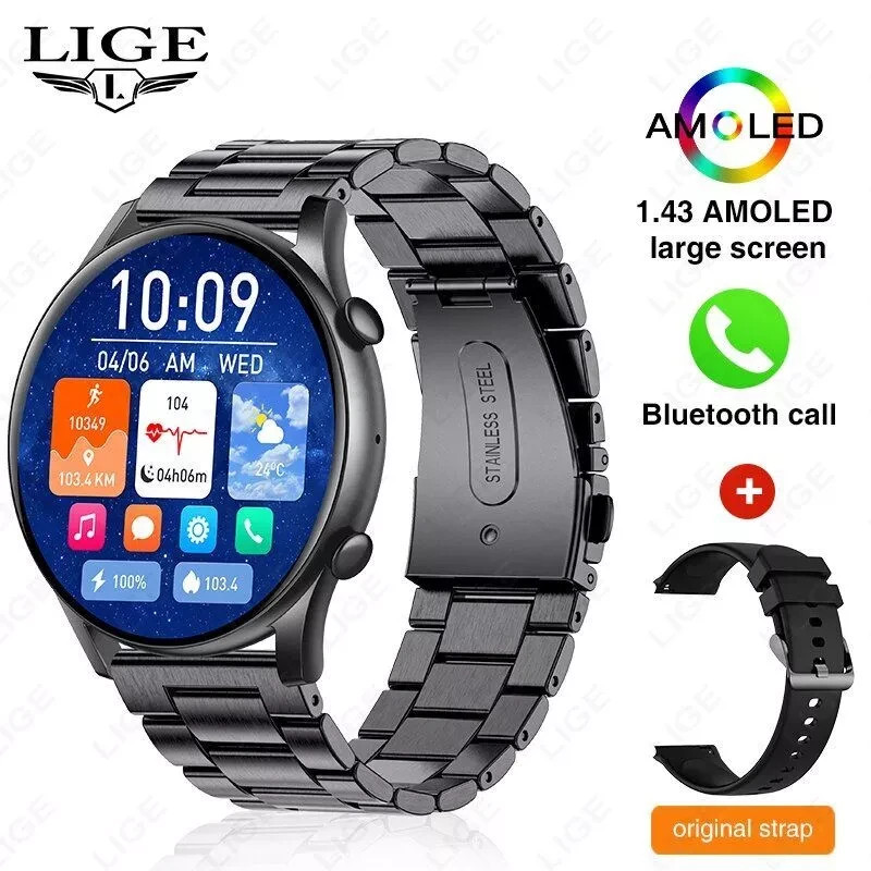 Montre connectée AMOLED Lige en acier avec appel Bluetooth et suivi cardiaque