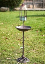 Cast Iron Metal Bird Bath Bowl  Stand w/ Birdhouse Feeder 40in Brown/Green