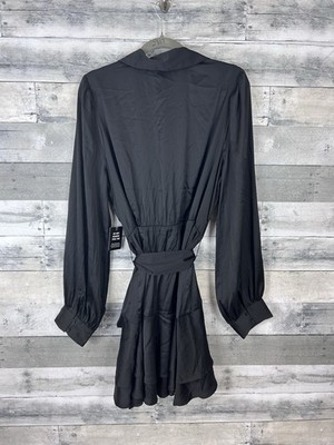 express black long sleeve dress Crew Neck Long Sleeve Drop Waist Bubble Hem Mini Dress