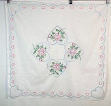 Embroidered Handmade 35 34 Table Cloth With Pink Roses and Hearts