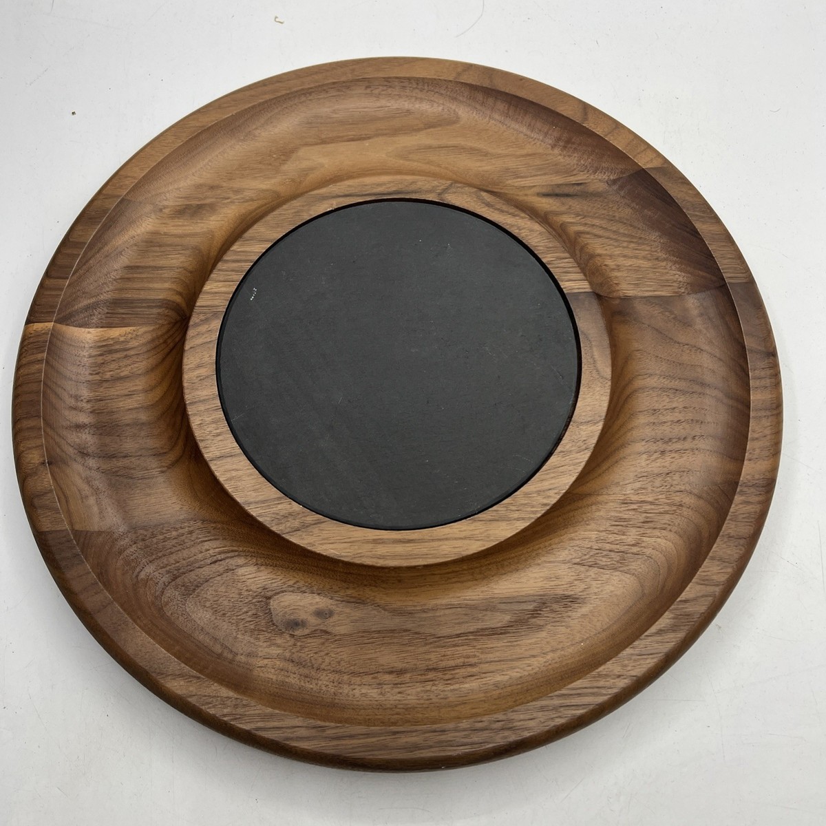 Crate Barrel Wooden Round Serving Tray with Slate Center Charcuterie  Board 14”
