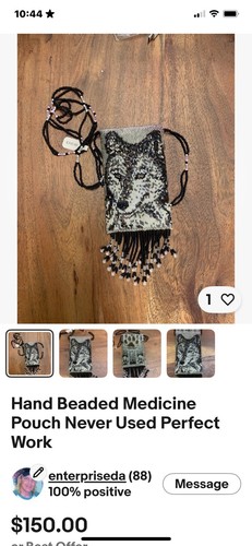 Handmade Native American Medicine Pouch with Wolf Design, Beaded