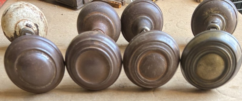 Vintage 1930's Decorative Stamped Steel Door Knobs with Spindles Lot Of 4 Sets