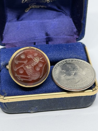 Victorian Carnelian Carved Bird Stone Goldtone Signet Seal Ring Size 7 OOAK