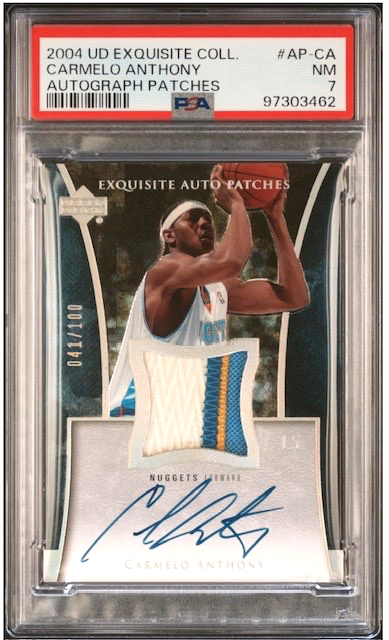 2004-05 UD EXQUISITE COLL CARMELO ANTHONY #D/100 AUTO PATCHES JERSEY PATCH PSA 7 