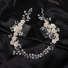 Bridal White Flowers Crystal Pearl hair comb Silver Hair Accessories for Wedd...