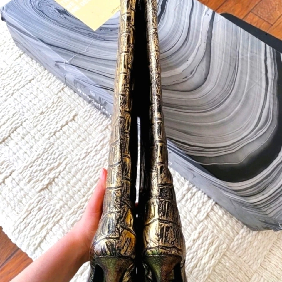 Новый в коробке Jeffrey Campbell $355 параллельный K крокодила выбитый золотой кожаный каблук загрузки, 6 - Изображение 4 из 4