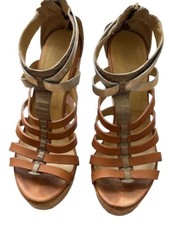 Jimmy Choo Tan and Metallic Multi-Strap Wedge Sandals
