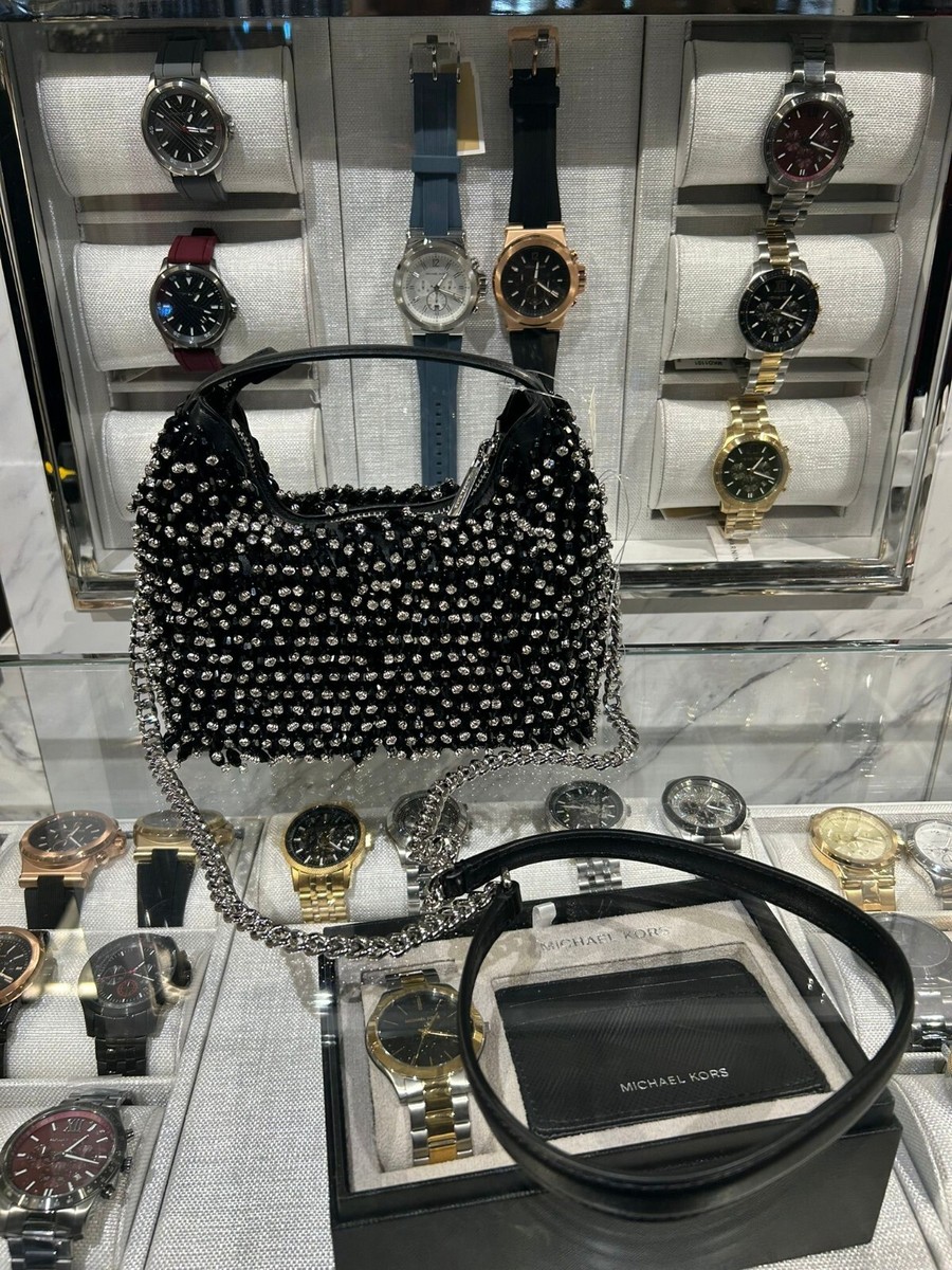 Michael Kors Ember Black Beaded Small Crossbody Bag with Silver